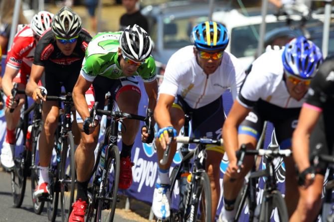 Jonathan Cantwell (BikeBug) is marked by sprint competition leader, Greg Henderson (Degani)