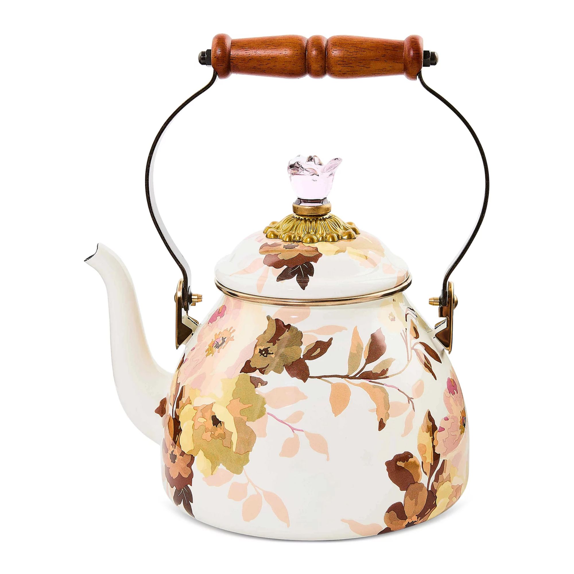 Wild Rose White Enameled Tea Kettle