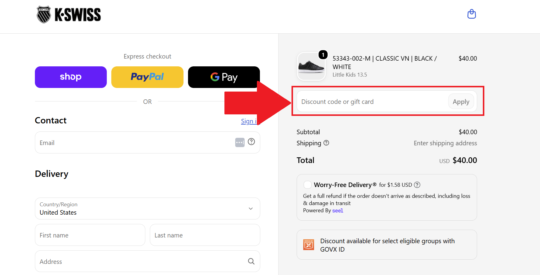 A screenshot of the K-Swiss checkout page showing where to enter a K-Swiss promo code