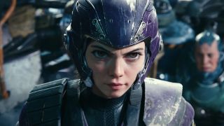 Alita posed at the starting line in Motorball gear in Alita: Battle Angel.