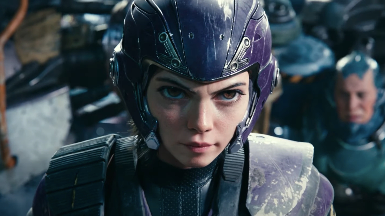 Alita is pictured at the starting line in Motorball gear in Alita: Battle Angel.