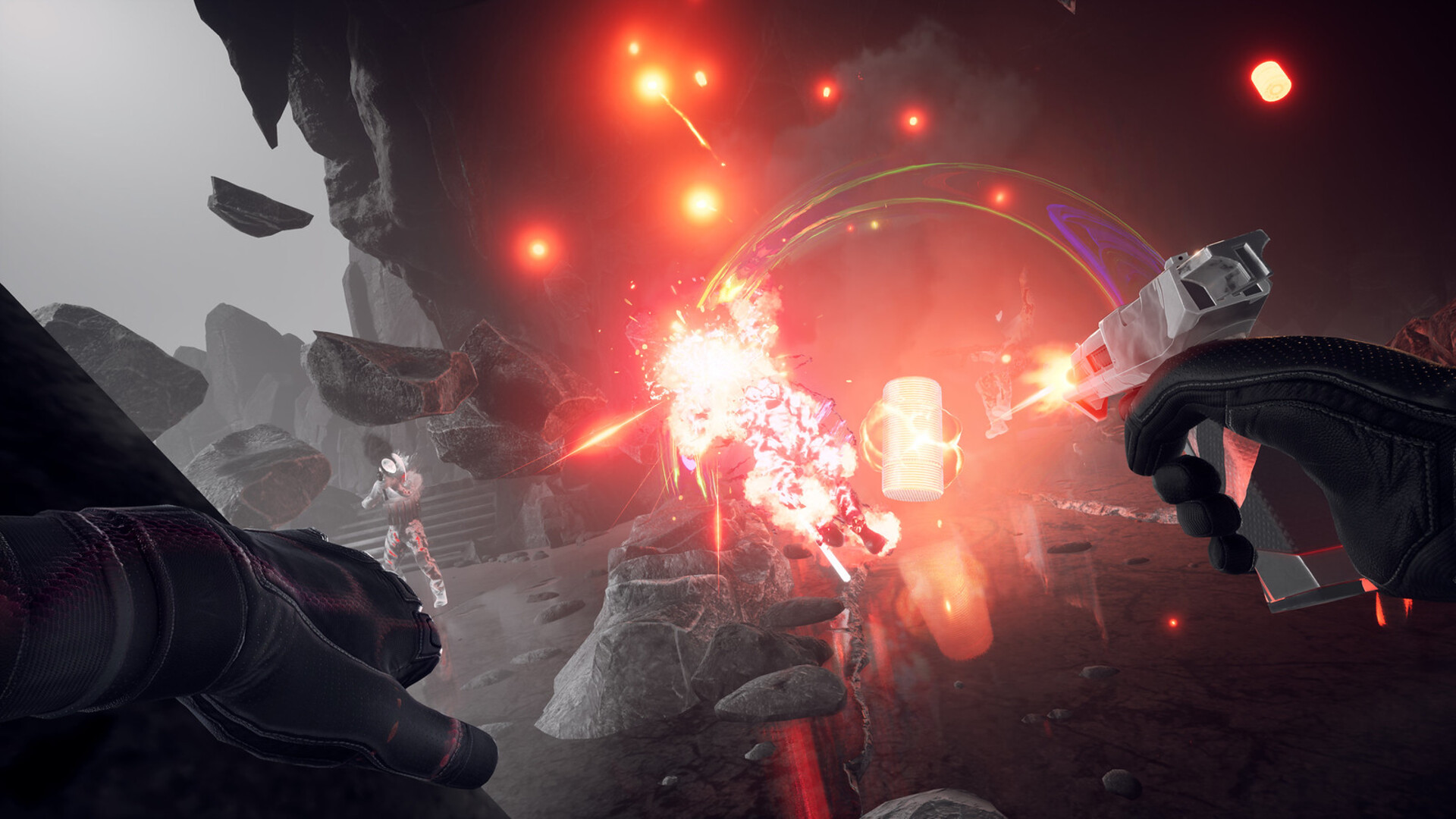 The player detonates a barrel while firing their pistol in Synapse