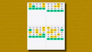 Quordle Daily Sequence answers for game 1087 on a yellow background