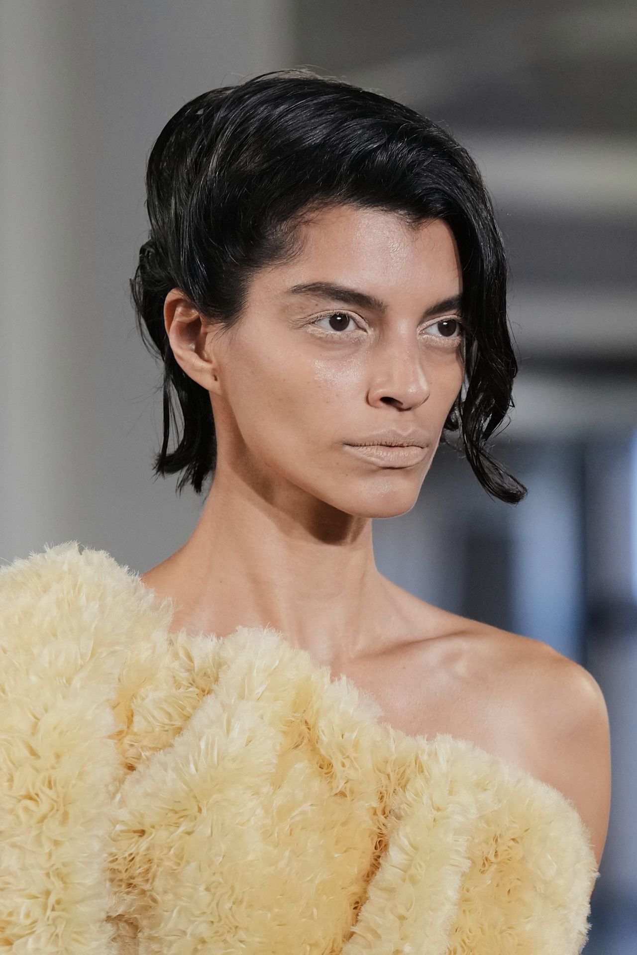 No part at Diotima on a model in a yellow fur top.