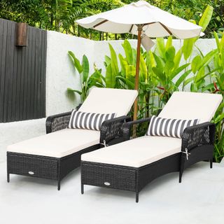 Gymax Set of 2 Adjustable Patio Rattan Lounge Chair Chaise Recliner w Cushion & Pillow