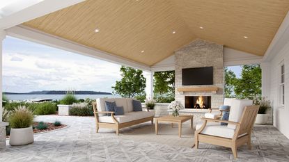 covered patio with outdoor room and outdoor fireplace