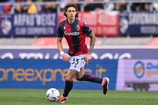 Tottenham target Riccardo Calafiori of Bologna FC in action during the Serie A TIM match between Bologna FC and US Salernitana at Stadio Renato Dall'Ara on April 01, 2024 in Bologna, Italy. (Photo by Alessandro Sabattini/Getty Images)