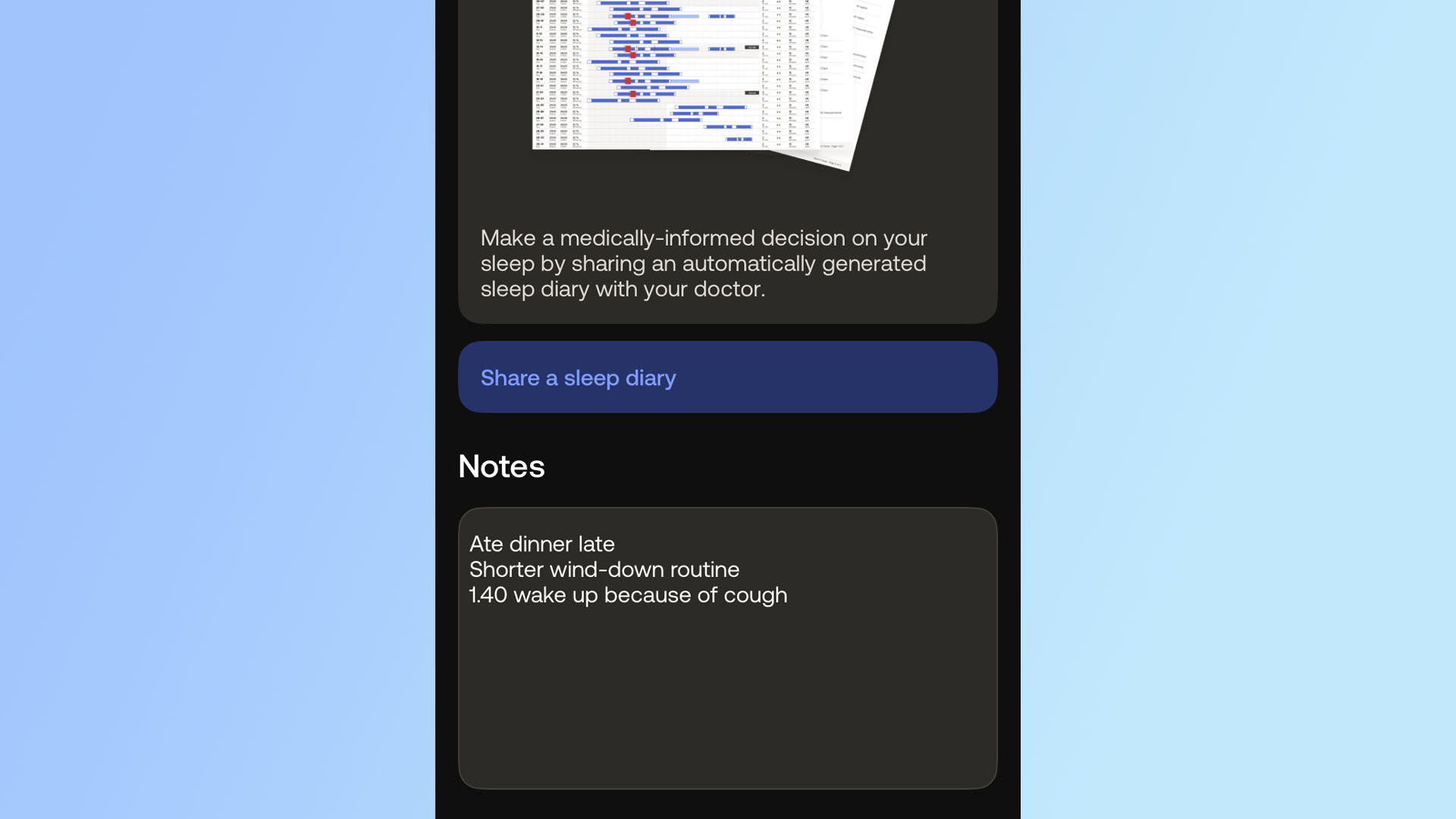 A screenshot of the Withings app Sleep Diary feature against a blue background. The notes include dinner time, routine and observations