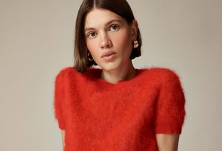 J.Crew model wearing red brushed cashmere T-shirt.