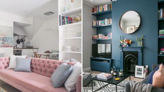 compilation of two small living spaces with floor-to-ceiling vertical storage to show how to organize a small space
