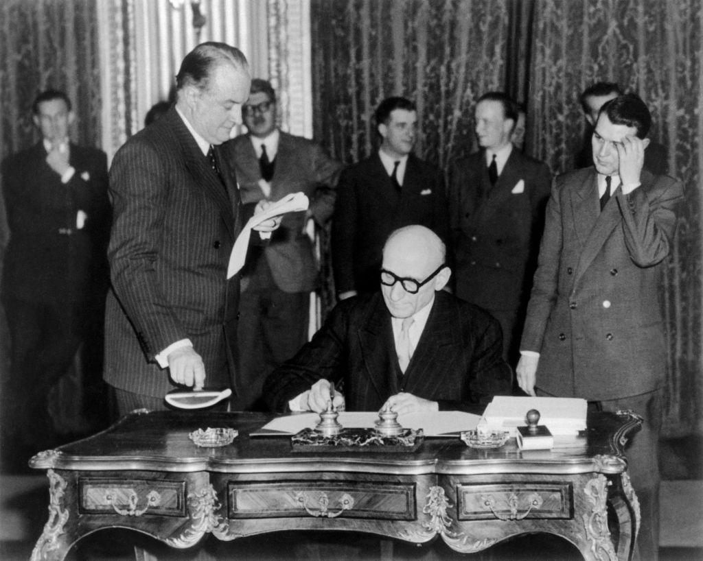 Foreign Minister Robert Schuman during the signing of the Schuman Plan