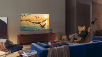 The Samsung QN95A 55-inch 4K TV shows birds flying against yellow sky