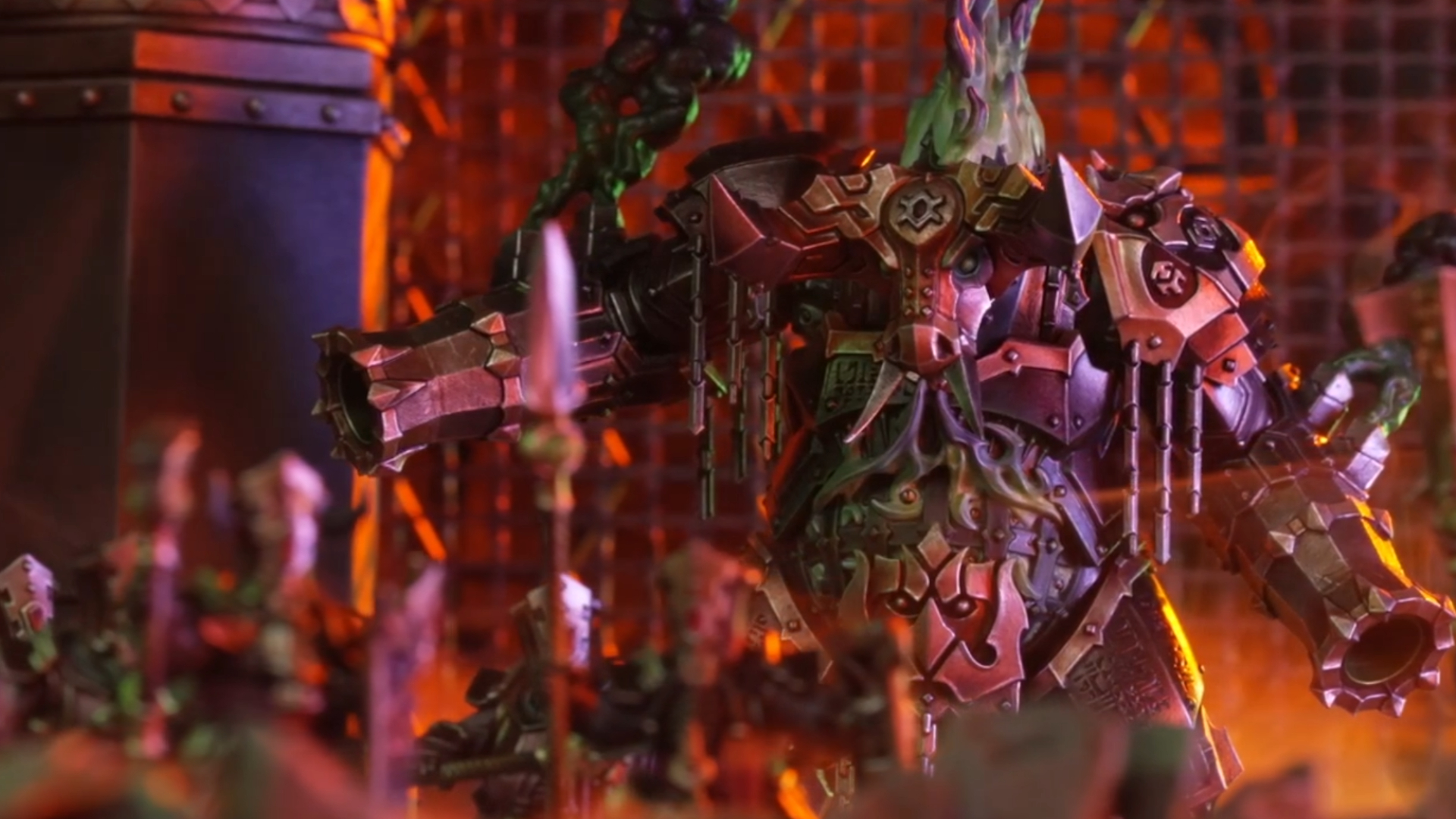 A giant metallic bull with green, demonic flames in front of an army of spear-wielding warriors