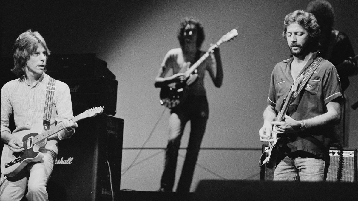Jeff Beck (left) and Eric Clapton performing in 'The Secret Policeman's Other Ball', at the Drury Lane theatre, London, 9th September 1981