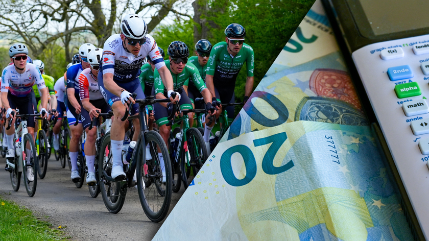 Spliced image of a Continental team peloton on the left and Euros and a calculator on the right