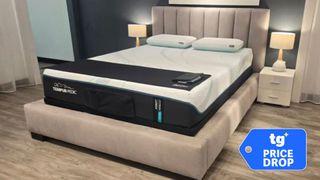 The new Tempur-Adapt mattress in medium on display at the Tempur-Pedic retail store in Warrington, PA. A price drop deals badge is seen in the bottom left foreground. 