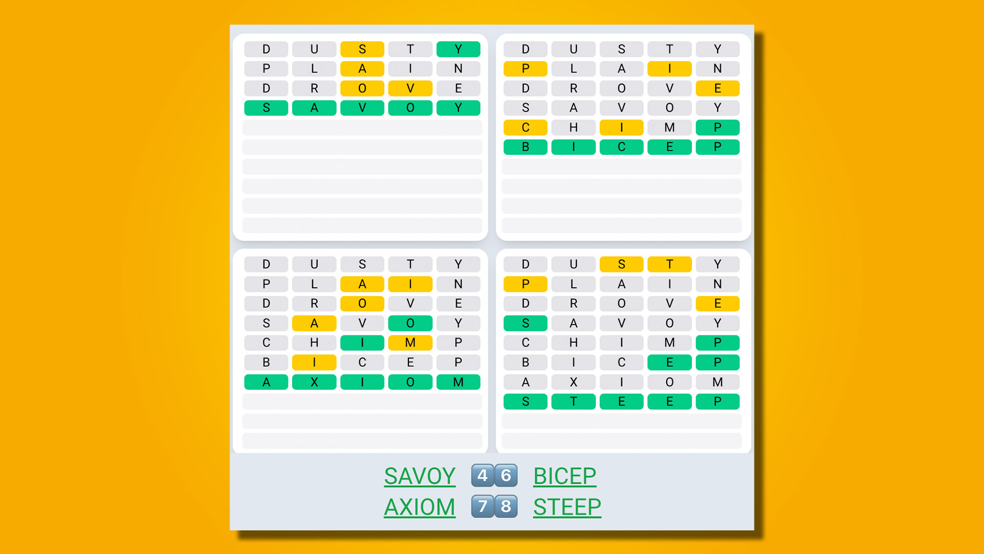 Quordle Daily Sequence answers for game 542 on a yellow background