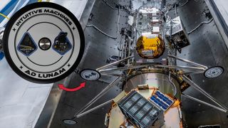 a six-legged lunar lander is seen being fit into its launch shroud with an inset showing the detail on one of the craft's footpads