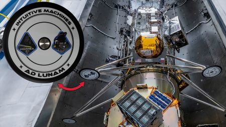 a six-legged lunar lander is seen being fit into its launch shroud with an inset showing the detail on one of the craft's footpads