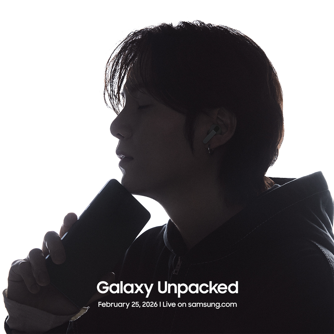 A poster from Samsung showing the rapper SUGA with new devices ahead of Galaxy Unpacked