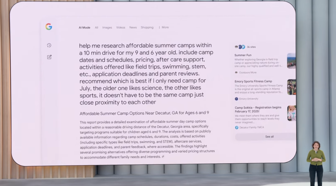 Google showing AI Mode setting up camp reservations
