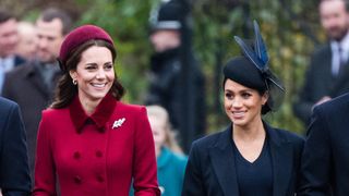 Catherine, Duchess of Cambridge and Meghan, Duchess of Sussex attend Christmas Day Church service at Church of St Mary Magdalene