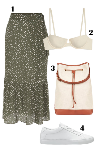 A casual/cool bikini top and and skirt paired with white trainers and other accessories.