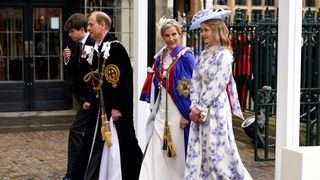 Prince Edward and Sophie, Duchess of Edinburgh arriving with Lady Louise Windsor (right) and the Earl of Wessex (left) at the Coronation of King Charles III and Queen Camilla