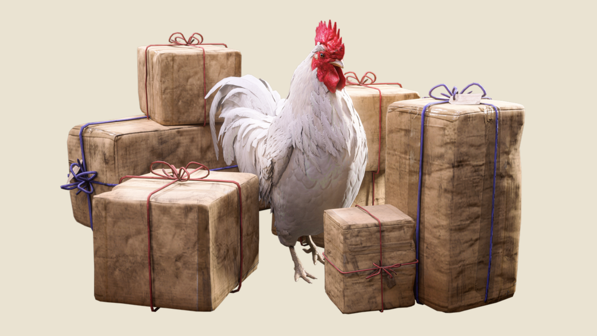 A rooster amongst a pile of brown paper-wrapped presents