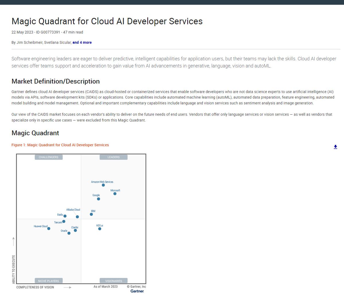 Magic Quadrant study of the Cloud AI Developer Services (CAIDS) market