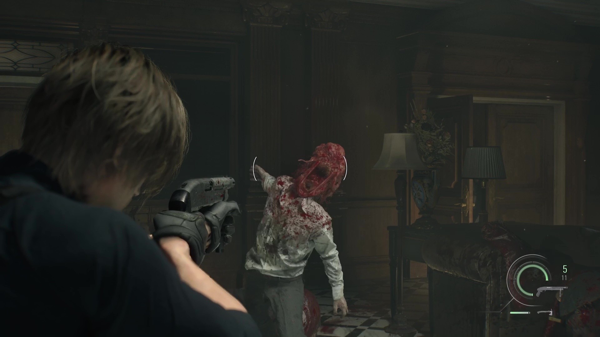 Leon aims at a zombie Blister Head in Resident Evil Requiem