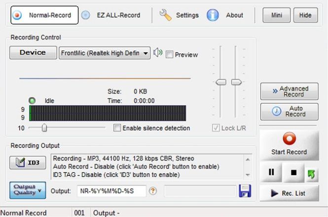 Audio Recorder Platinum&rsquo;s main page lets you easily initiate recording and playback.