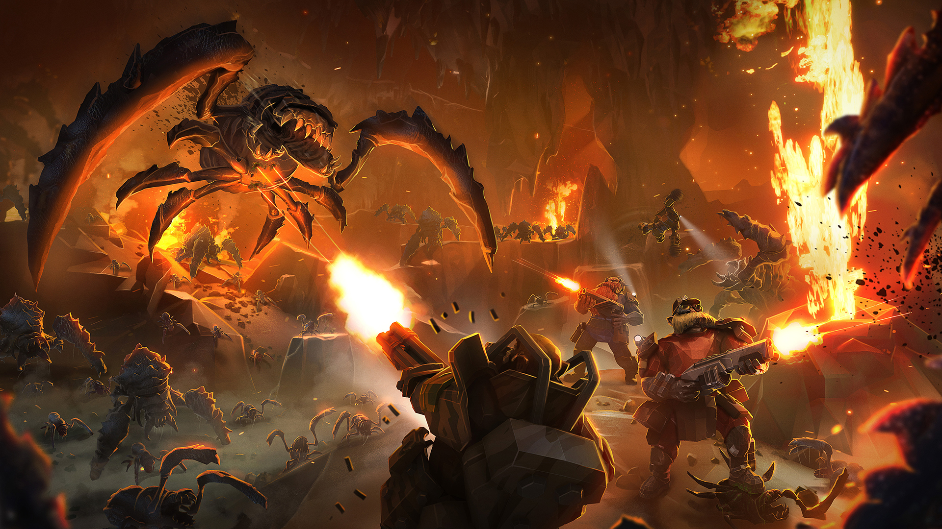 Dwarves fighting bugs in a magma biome in Deep Rock Galactic.