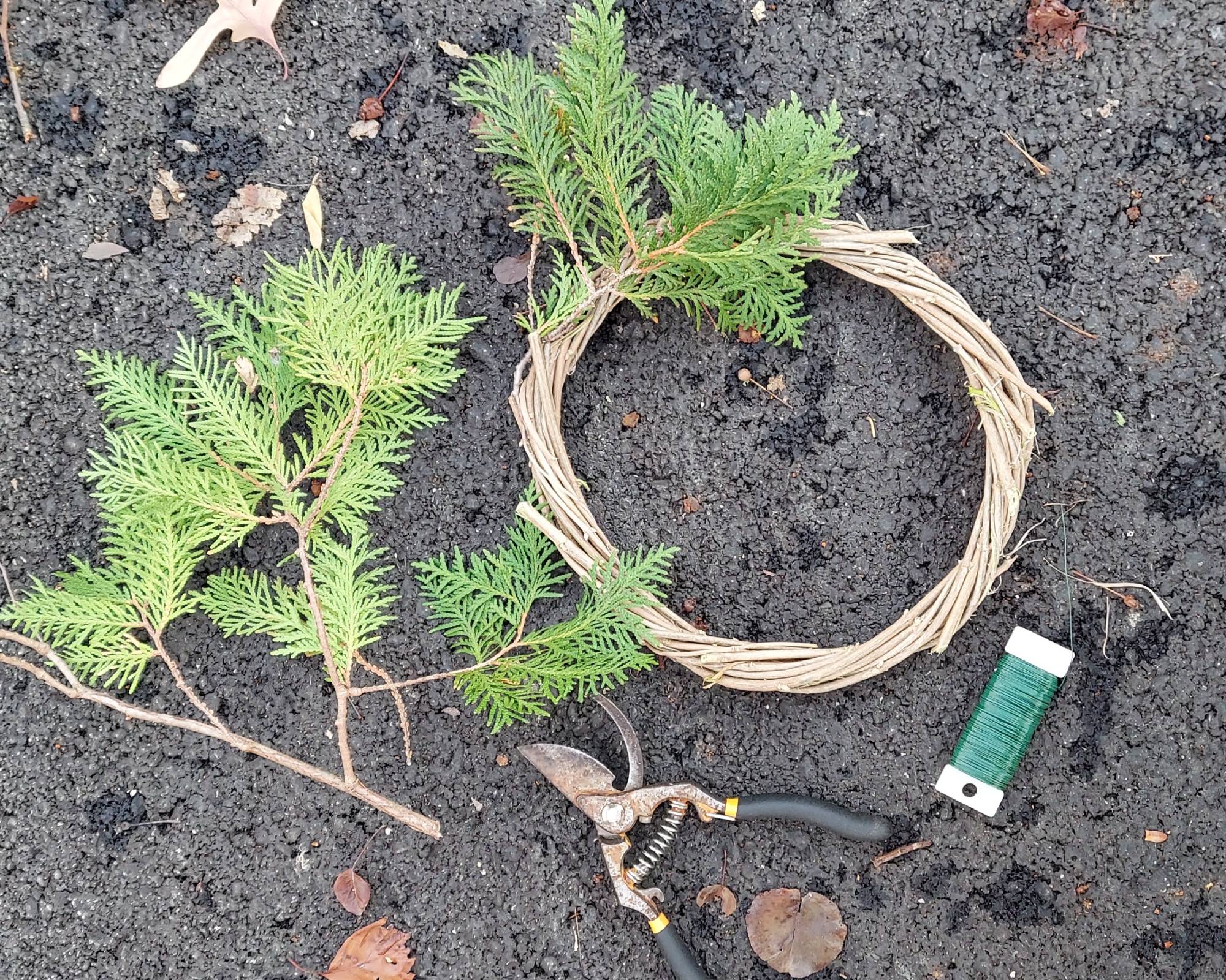 Advent wreath base with greenery being attached with floral wire
