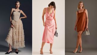 Three models wearing different dresses from Anthropologie