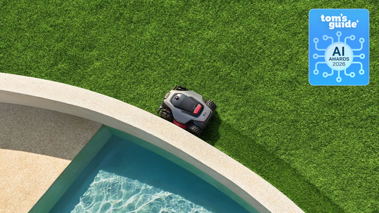 The Mova Lidax Ultra robot vacuum cutting grass with a Tom's Guide AI Awards 2026 badge