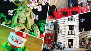 Lego Great Deku Tree, Optimus Prime, Piranha Plant, and Gringotts Bank sets divided by white lines