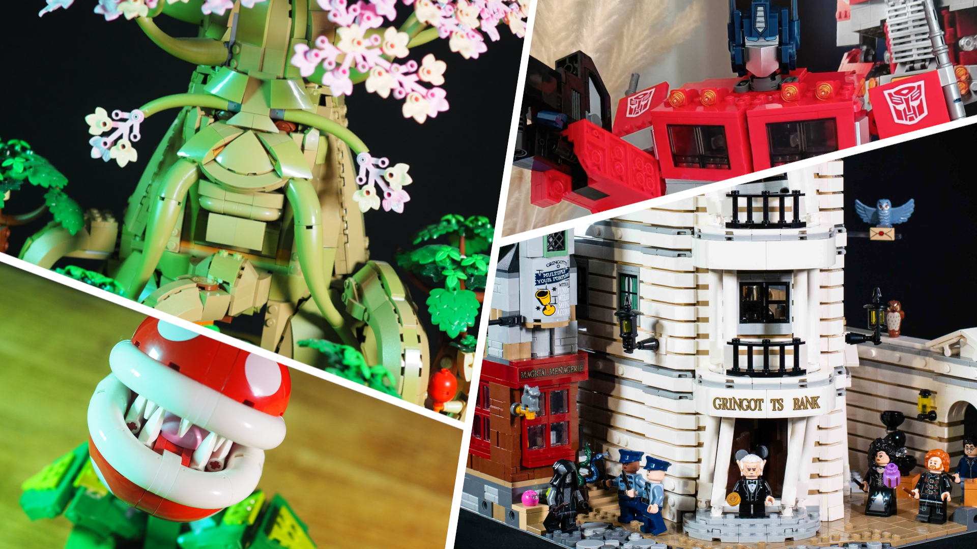 Lego Great Deku Tree, Optimus Prime, Piranha Plant, and Gringotts Bank sets divided by white lines