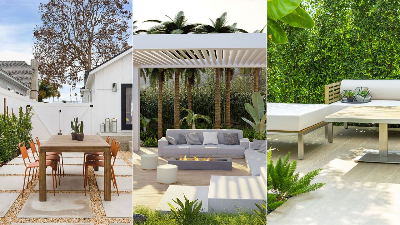 three patio spaces designed in neutral colors