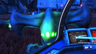 A biological horror from No Man's Sky, all green, horned, and many-eyed.