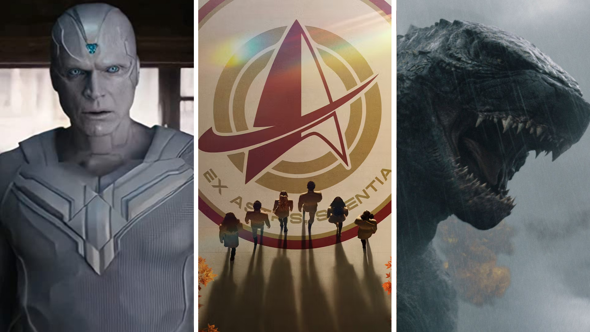 Images of The Vision from VisionQuest, Star Trek: Starfleet Academy and Godzilla from Monarch: Legacy of Monsters