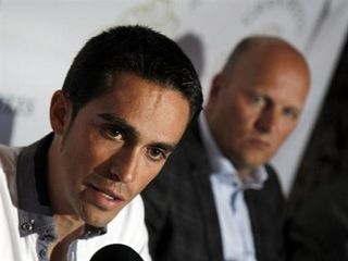 Alberto Contador fields questions from the media regarding the proposed one-year ban by the Spanish cycling federation for his Tour de France doping positive.