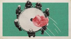 Photo collage of a group of firefighters catching a brain into a safety net