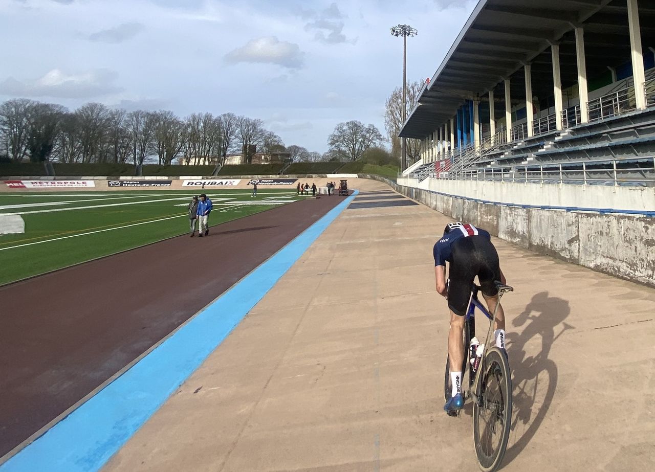 Ashlin Barry trains on the Roubaix velodrome two days before his inaugural junior race