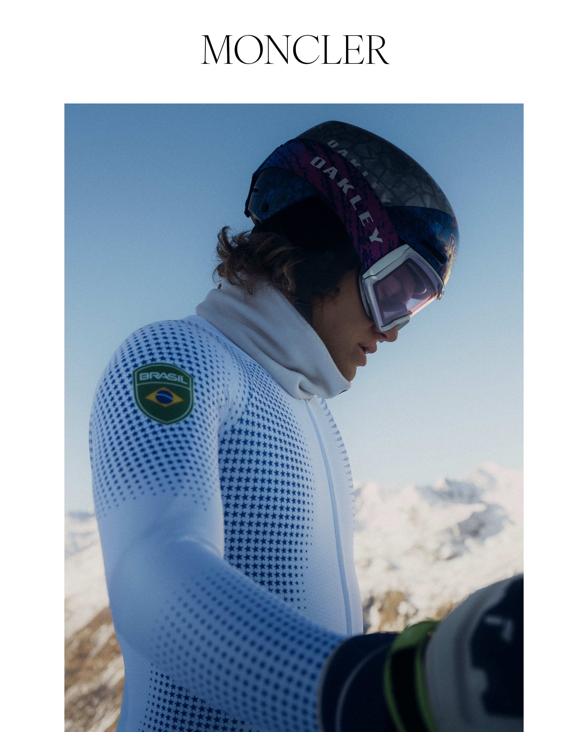 An athlete from Team Brazil wearing the Moncler 2026 Winter Olympics uniforms.