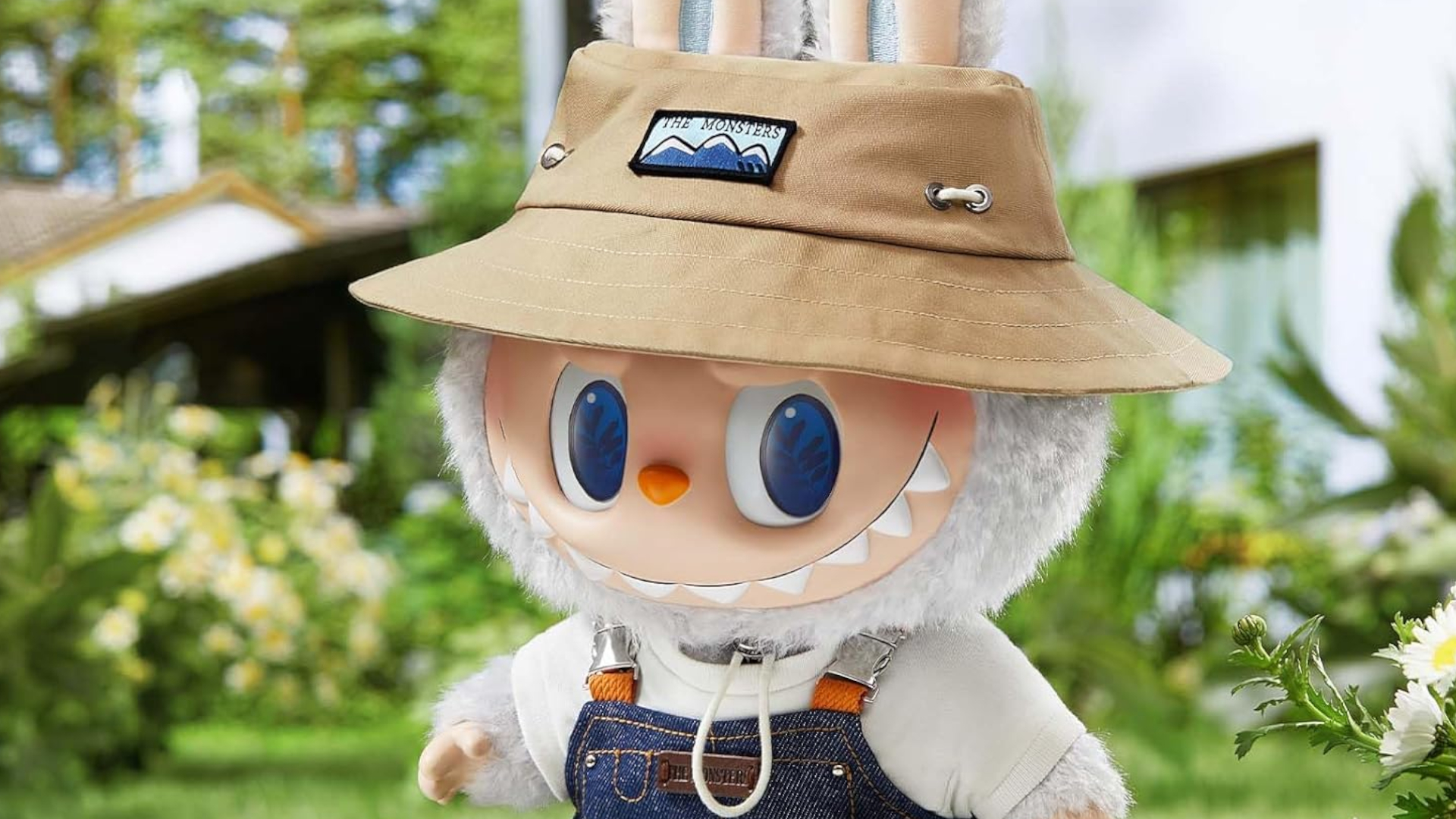 A Labubu doll in a hat in a garden, looking sideways