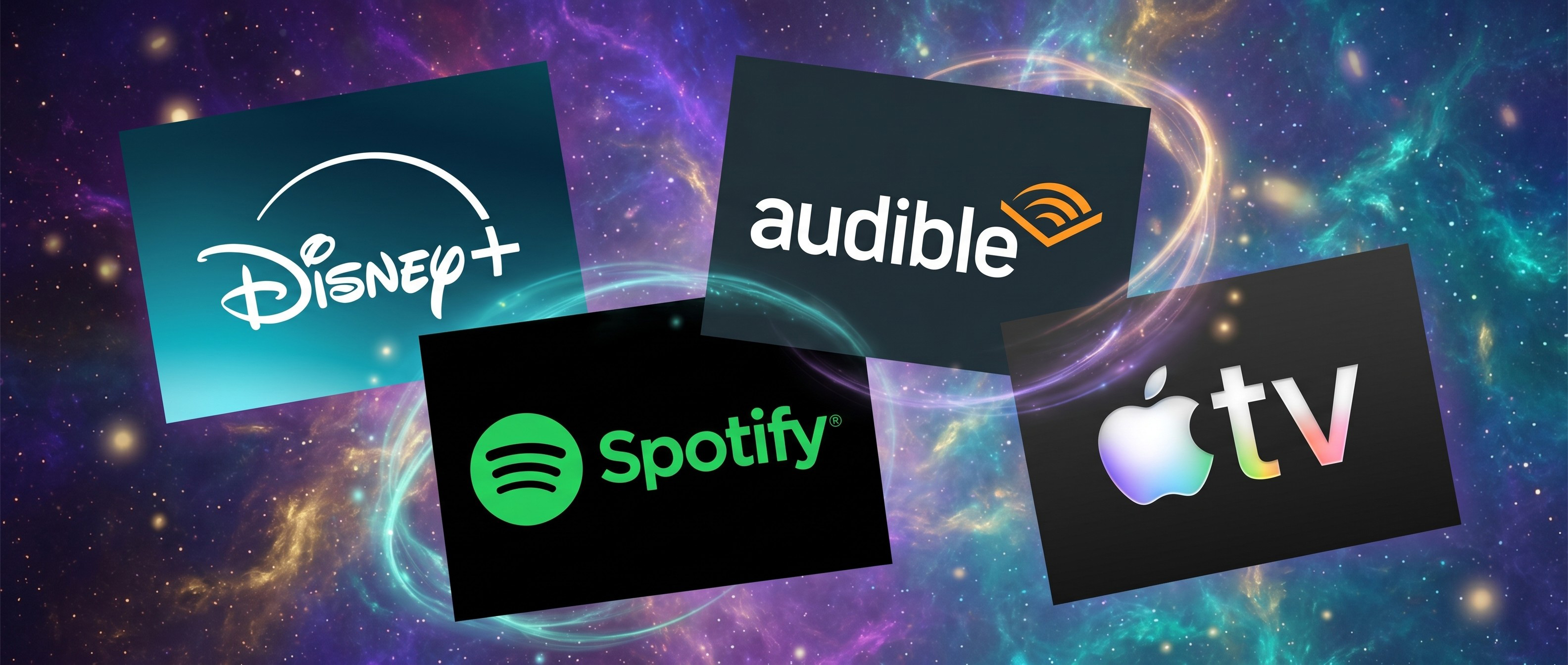 Logos for Spotify / Disney+ / Audible / Apple TV floating against a colorful background