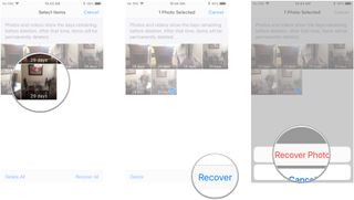 Tap the photos you want to recover, tap Recover, tap Recover Photos in the prompt