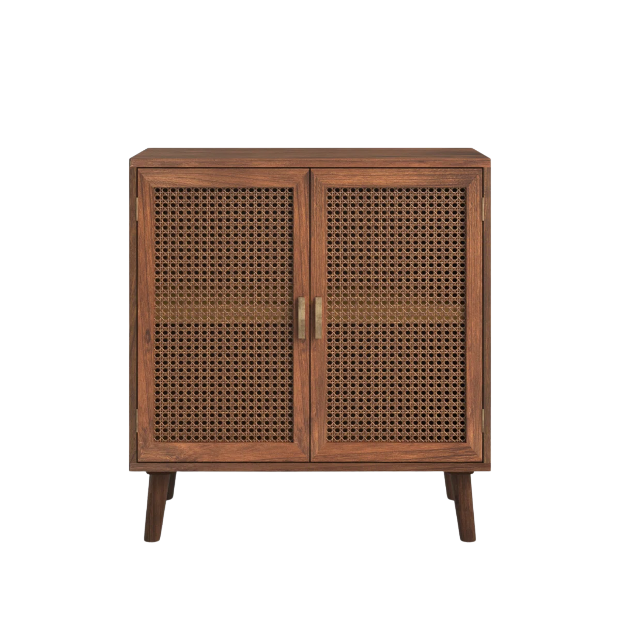 a cabinet with two rattan doors