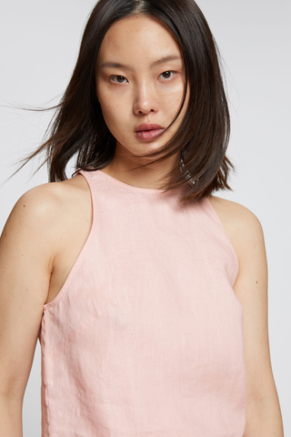 pink high cut linen crop shirt